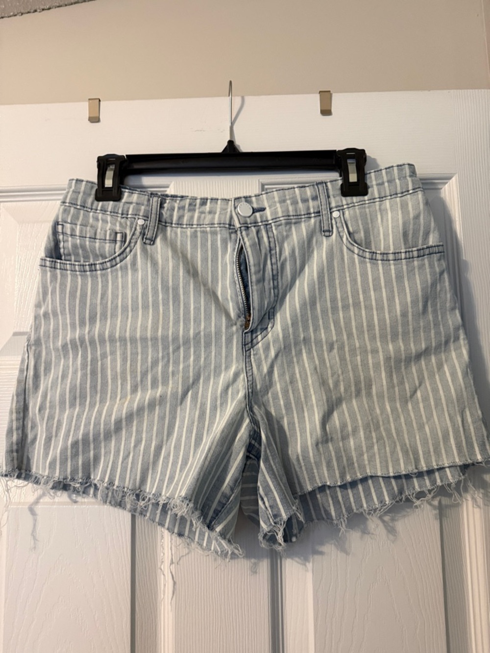 Striped Light Blue Denim Jean Shorts with Raw Hem